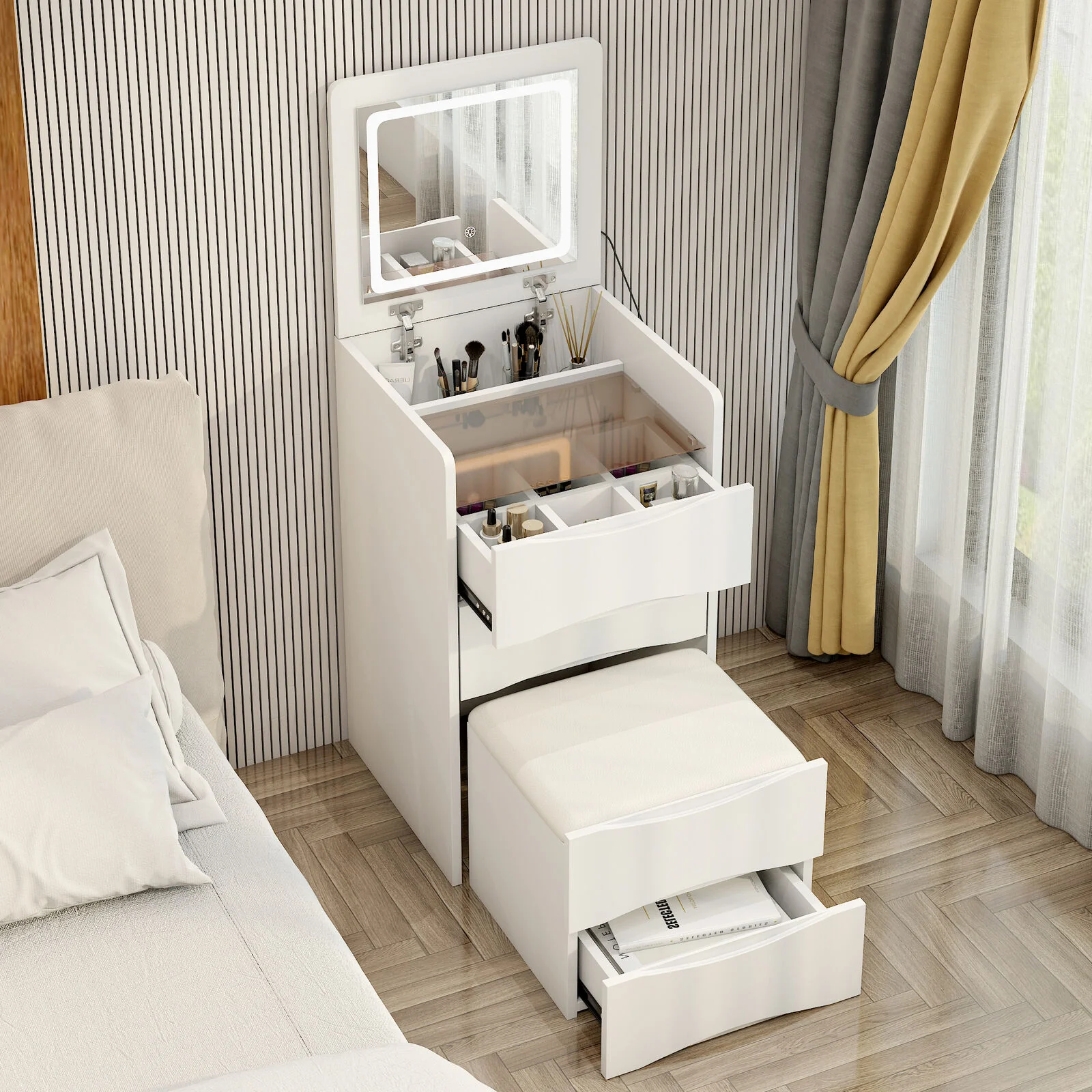 Luxury Multifunction LED Dressing Vanity Table with Mirror Drawers Stool - Image 8