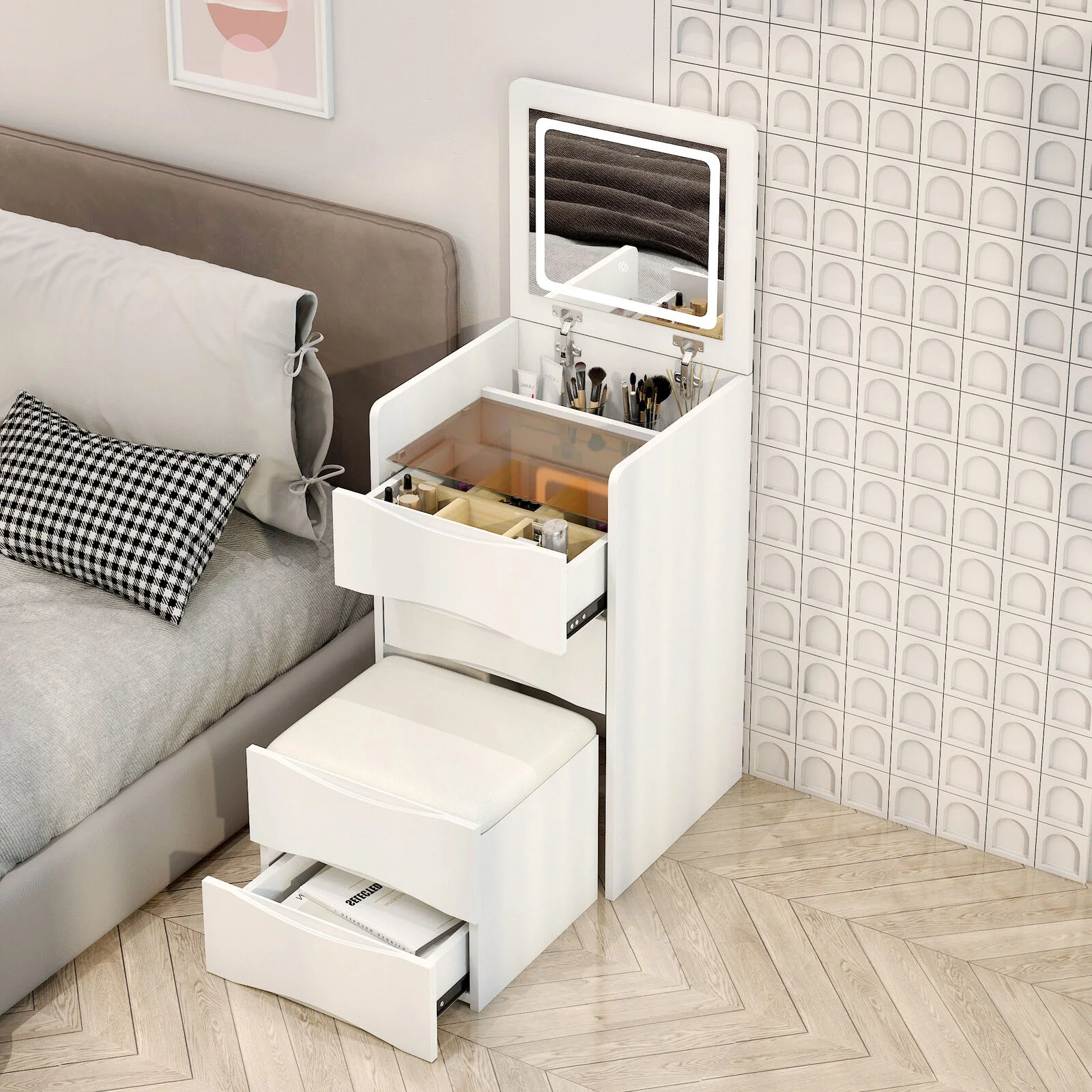 Luxury Multifunction LED Dressing Vanity Table with Mirror Drawers Stool - Image 9