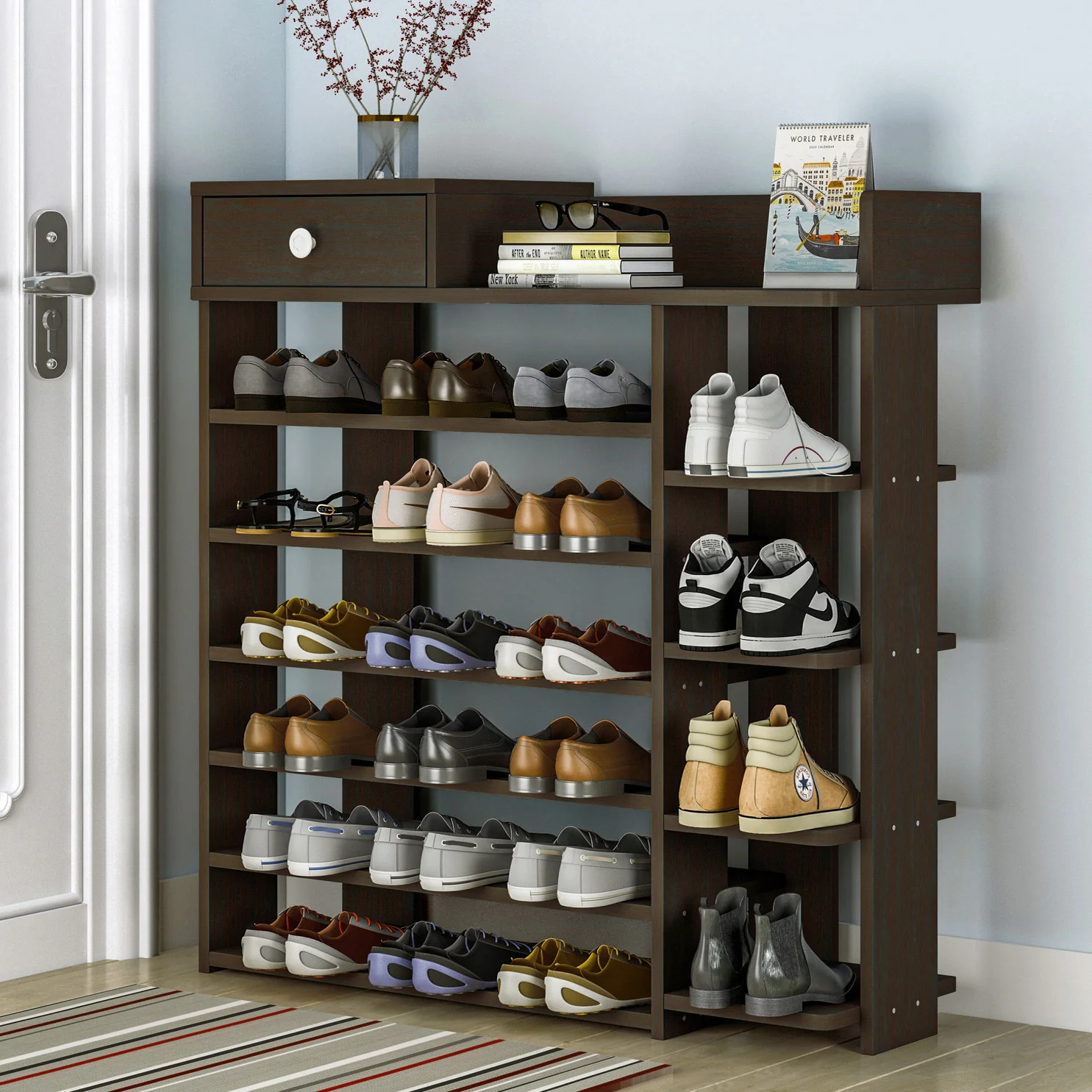 Maxim 7 Tier Shoe Rack Storage Organizer with Drawer (Dark Walnut) - Image 3