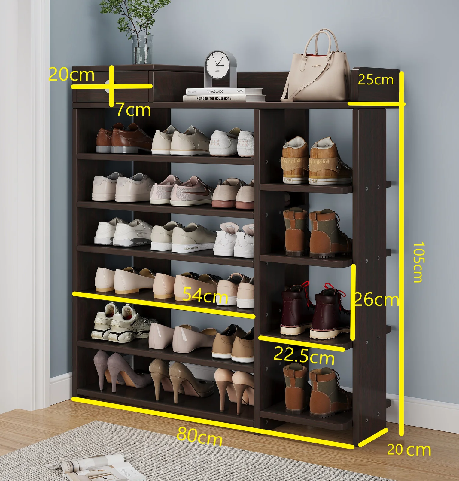 Maxim 7 Tier Shoe Rack Storage Organizer with Drawer (Dark Walnut) - Image 4