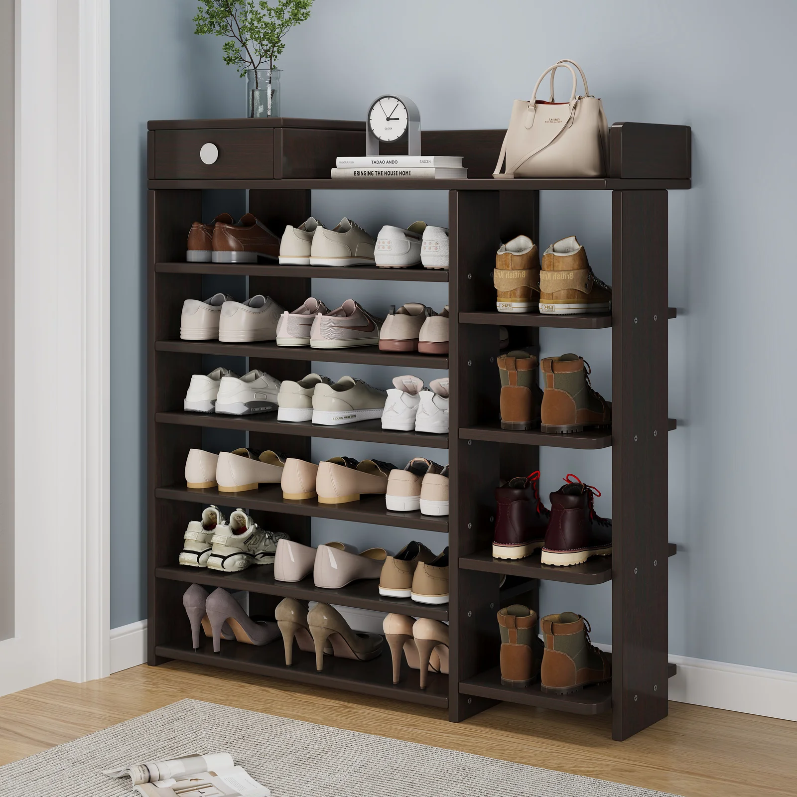 Maxim 7 Tier Shoe Rack Storage Organizer with Drawer (Dark Walnut) - Image 5