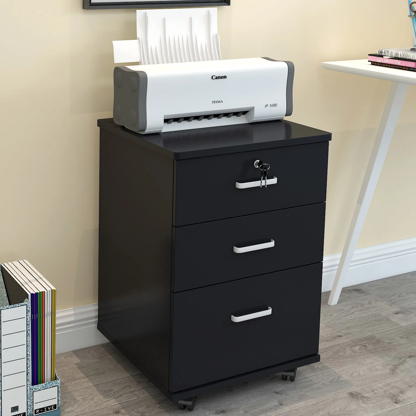 Miami 3 Drawer Bedside Table Cabinet with Wheels (Black) - Image 2