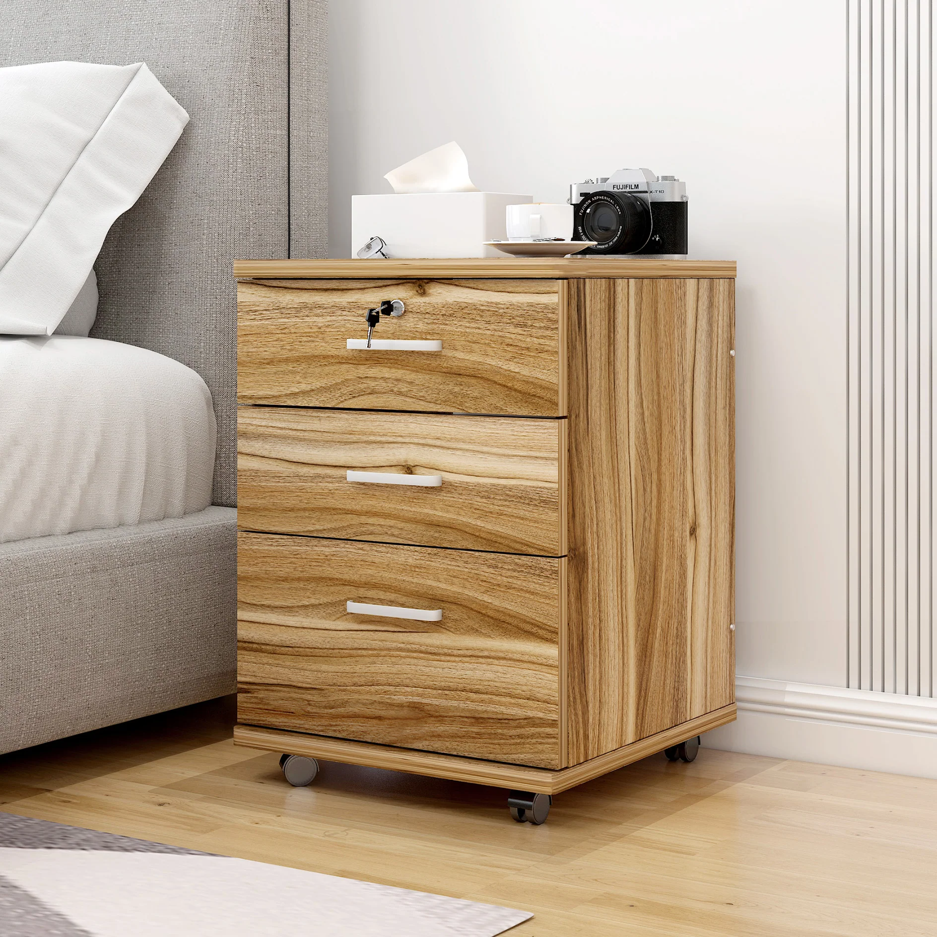 Miami 3 Drawer Bedside Table Cabinet with Wheels (Natural Oak) - Image 6