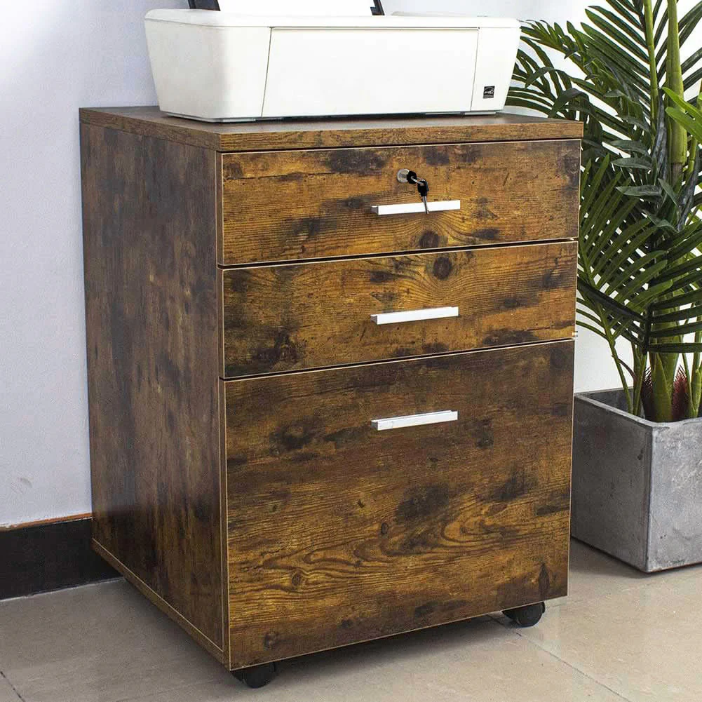 Miami 3 Drawer Bedside Table Cabinet with Wheels (Rustic Wood) - Image 2