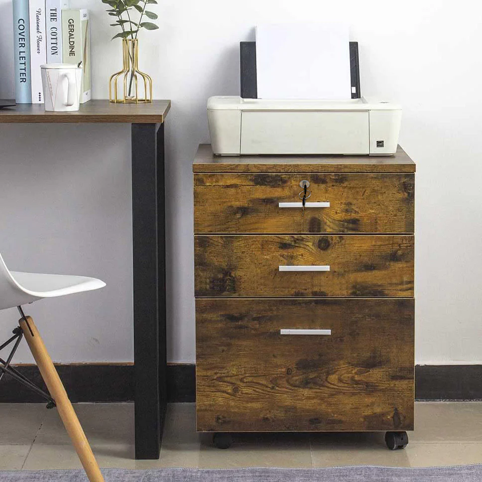 Miami 3 Drawer Bedside Table Cabinet with Wheels (Rustic Wood) - Image 8