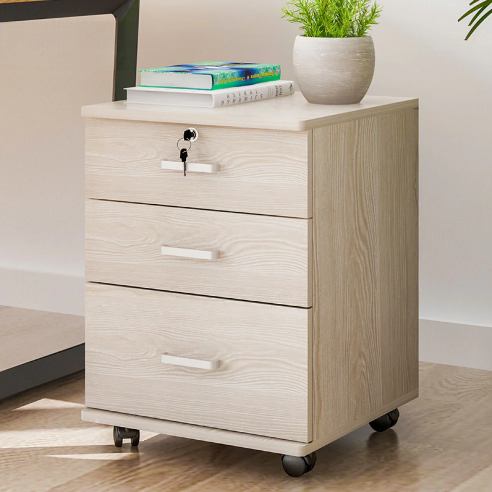 Miami 3 Drawer Bedside Table Cabinet with Wheels (White Oak) - Image 15