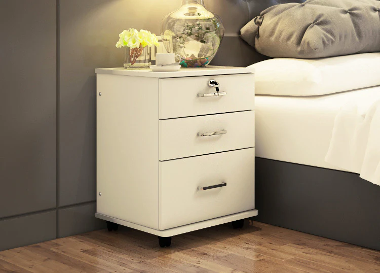 Miami 3 Drawer Bedside Table Cabinet with Wheels (White Oak) - Image 5