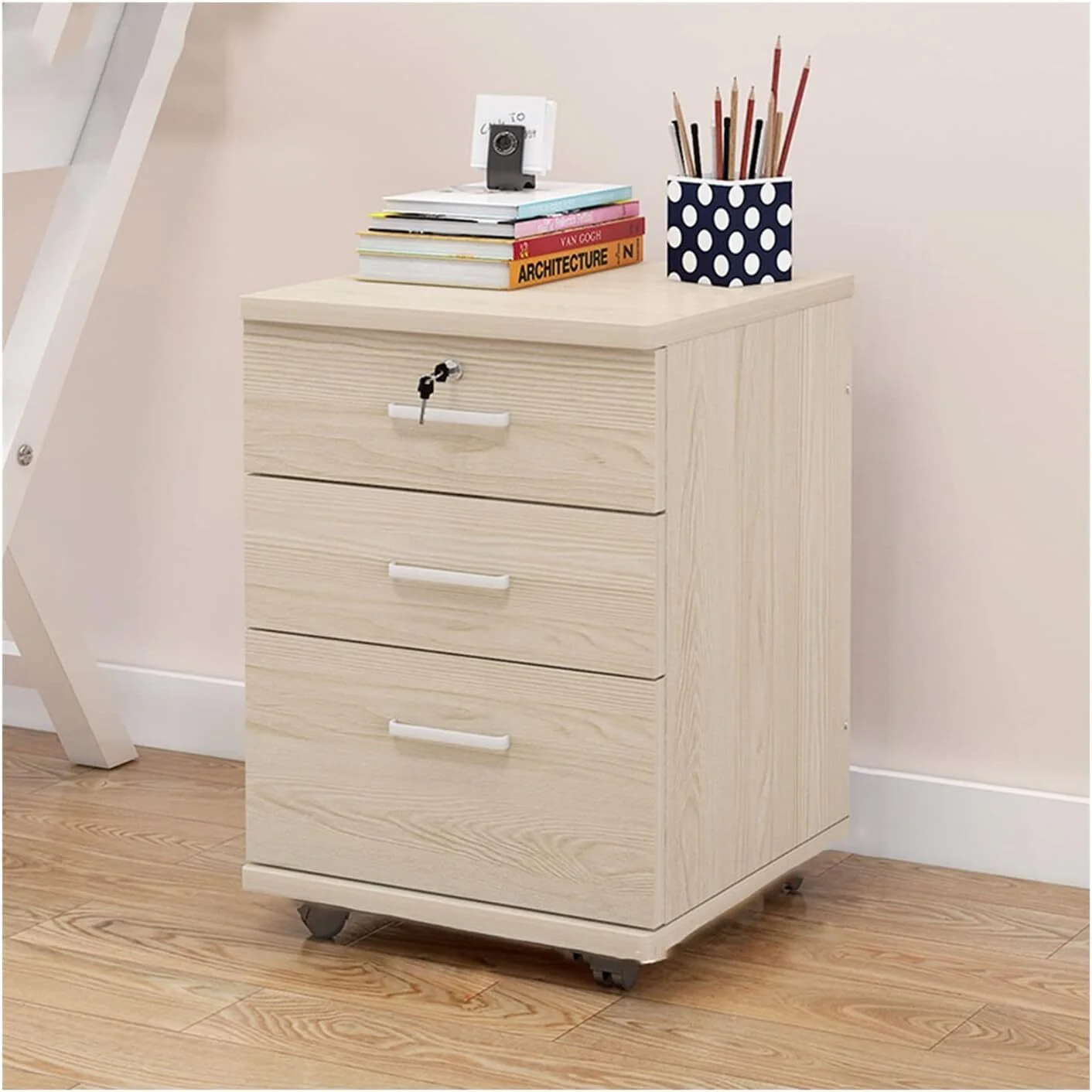 Miami 3 Drawer Bedside Table Cabinet with Wheels (White Oak) - Image 6