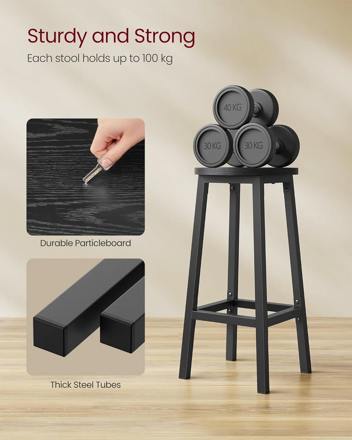 Modern Industrial Bar Stool Black Wood & Metal Kitchen Counter Seating - Image 4