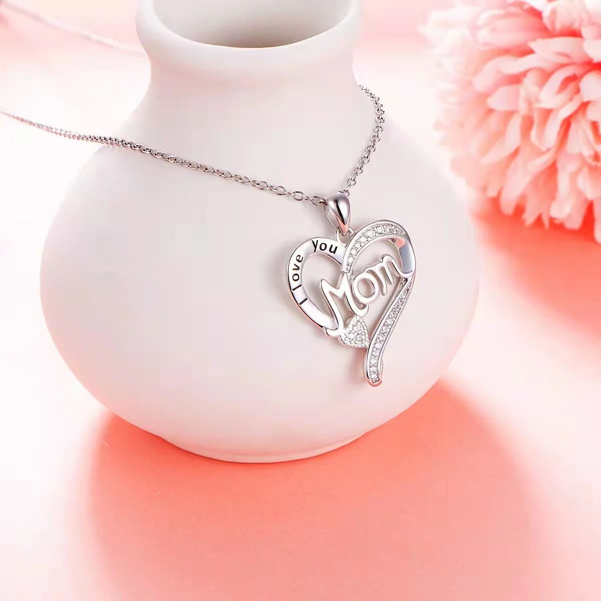 Mom S925 Sterling Silver Heart Shaped Pendant CZ Diamond Necklace - Image 3