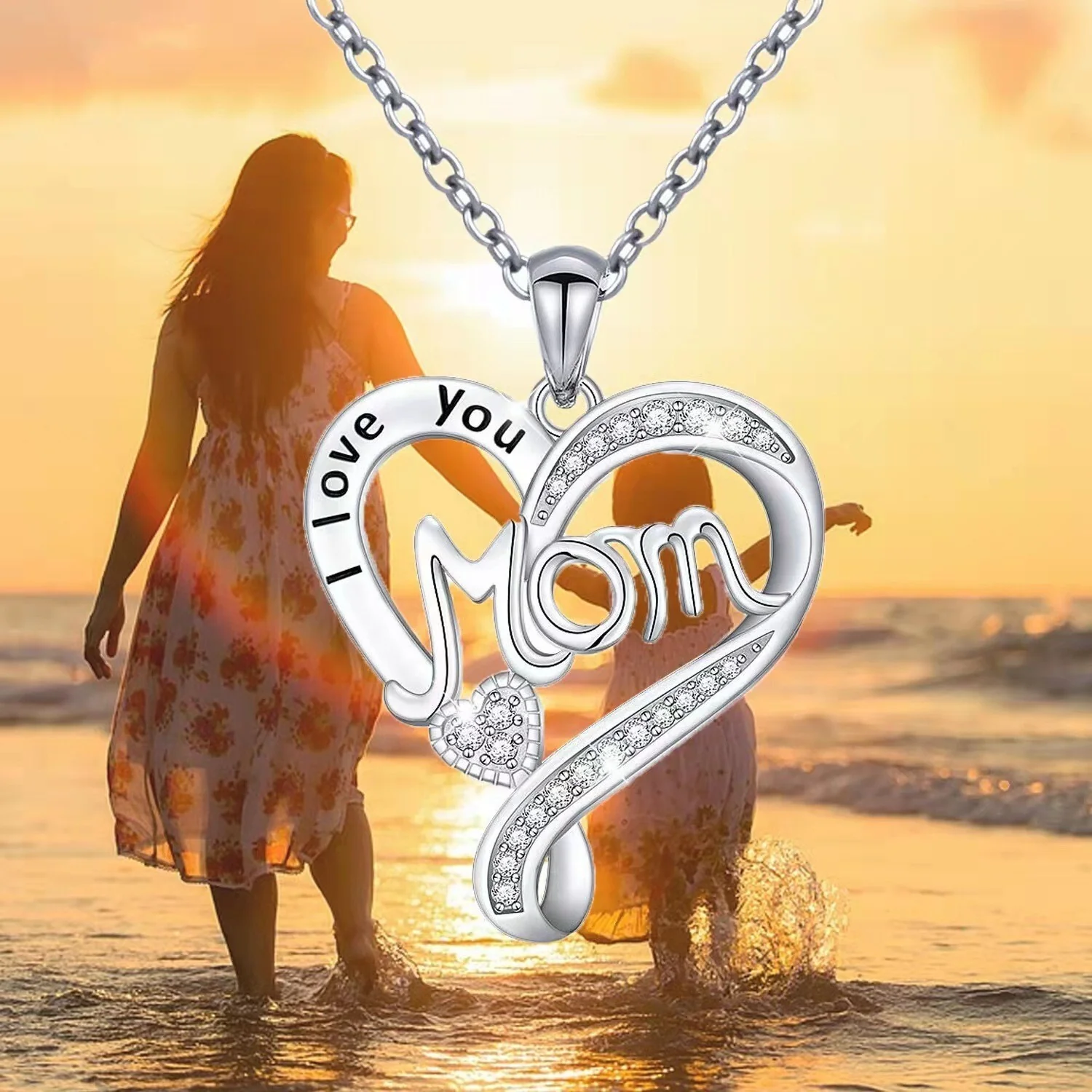 Mom S925 Sterling Silver Heart Shaped Pendant CZ Diamond Necklace - Image 4