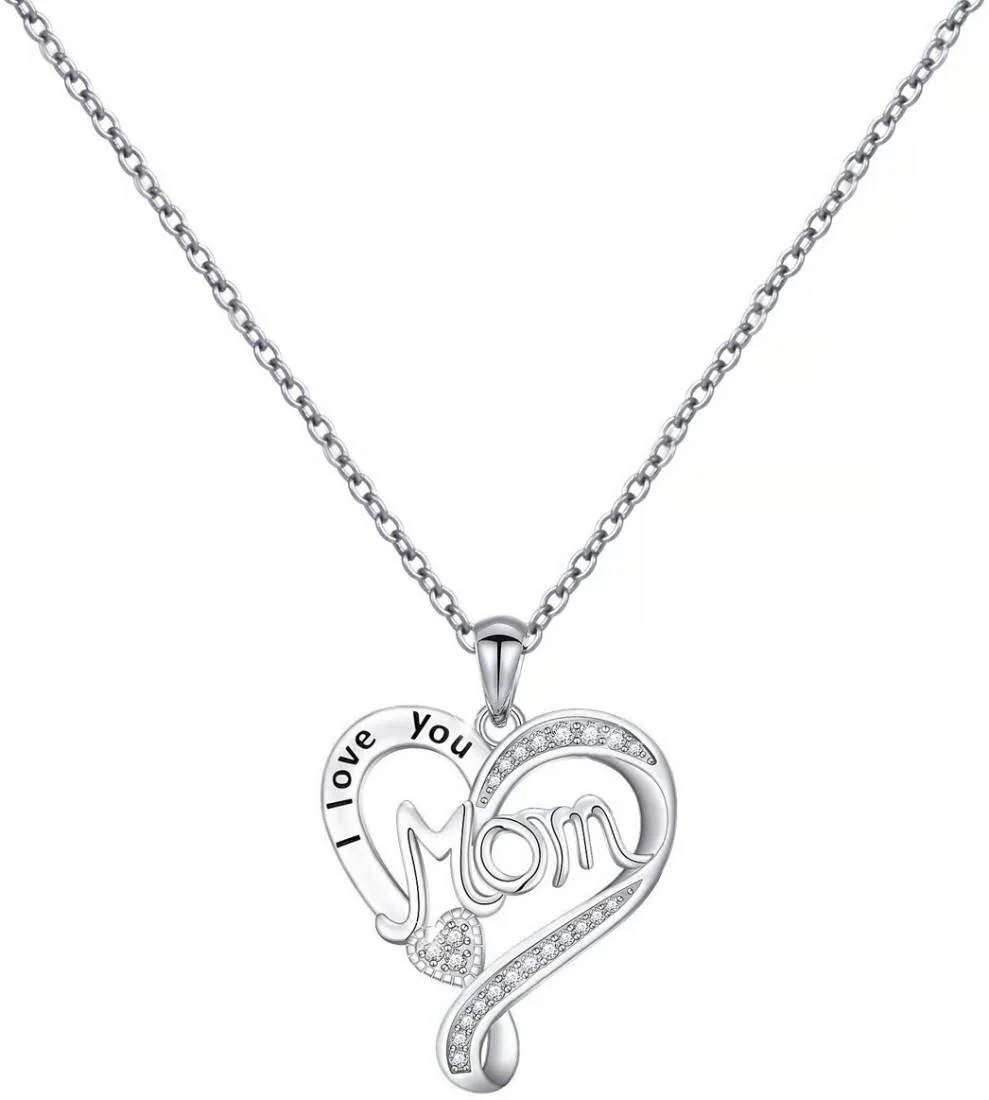 Mom S925 Sterling Silver Heart Shaped Pendant CZ Diamond Necklace - Image 5