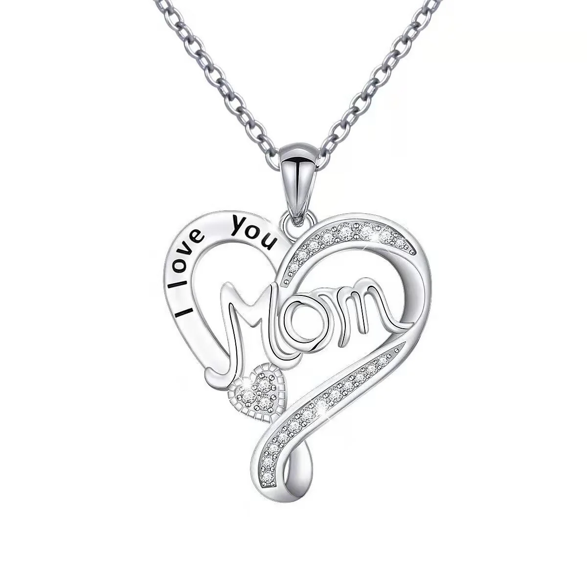 Mom S925 Sterling Silver Heart Shaped Pendant CZ Diamond Necklace - Image 8