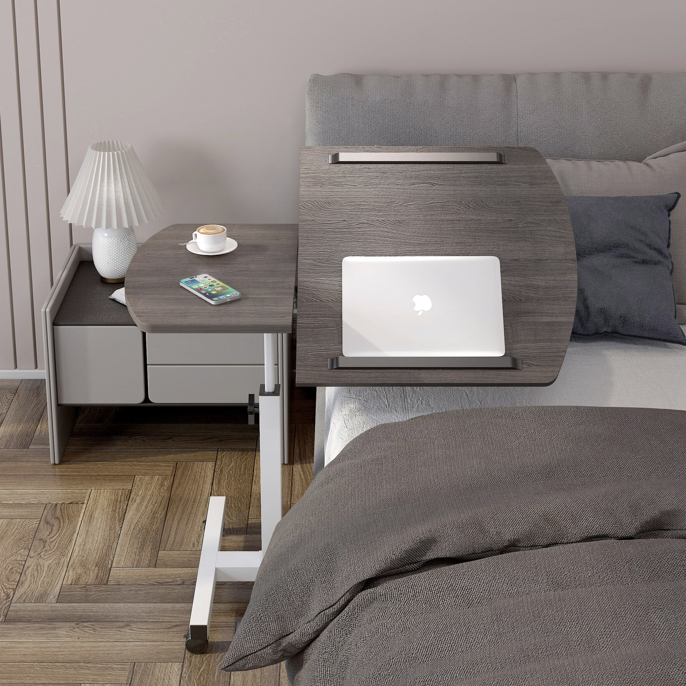 Motif 2-in-1 Adjustable Portable Sofa Bed Side Table Laptop Desk with Wheels (Rustic Grey) - Image 2