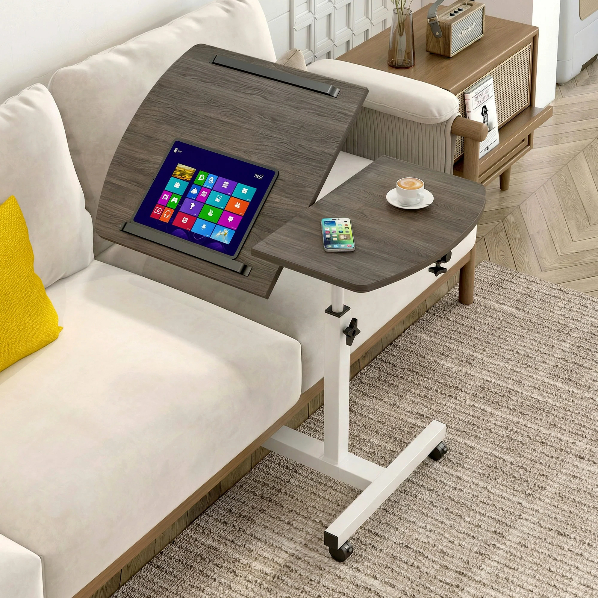 Motif 2-in-1 Adjustable Portable Sofa Bed Side Table Laptop Desk with Wheels (Rustic Grey) - Image 3