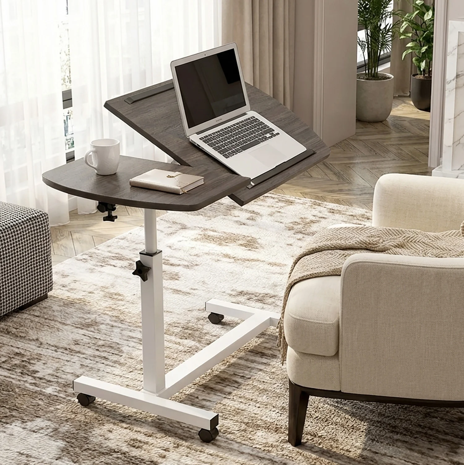 Motif 2-in-1 Adjustable Portable Sofa Bed Side Table Laptop Desk with Wheels (Rustic Grey) - Image 4