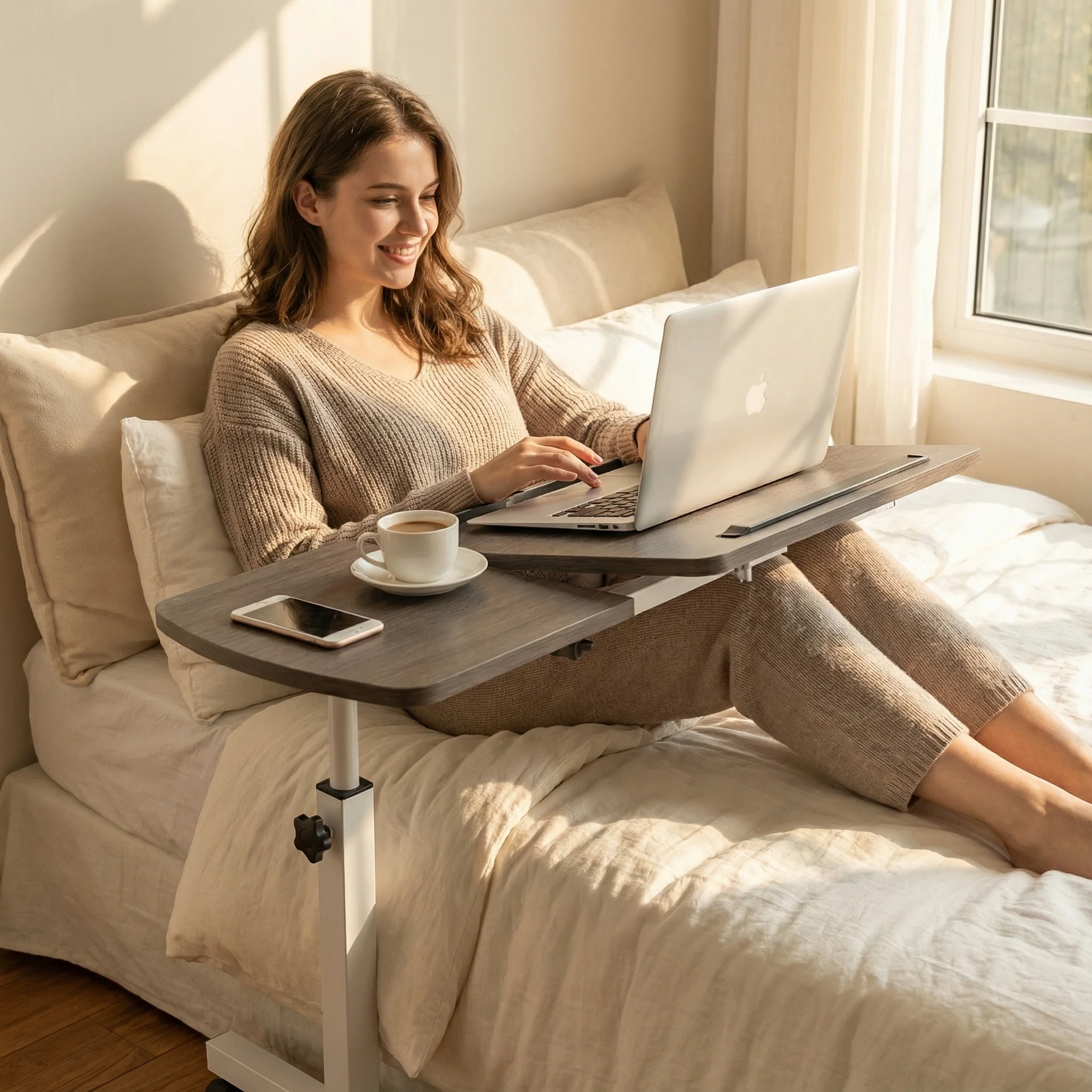 Motif 2-in-1 Adjustable Portable Sofa Bed Side Table Laptop Desk with Wheels (Rustic Grey) - Image 5
