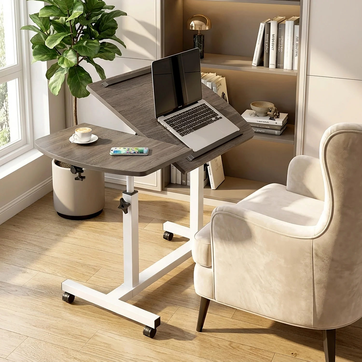 Motif 2-in-1 Adjustable Portable Sofa Bed Side Table Laptop Desk with Wheels (Rustic Grey) - Image 7