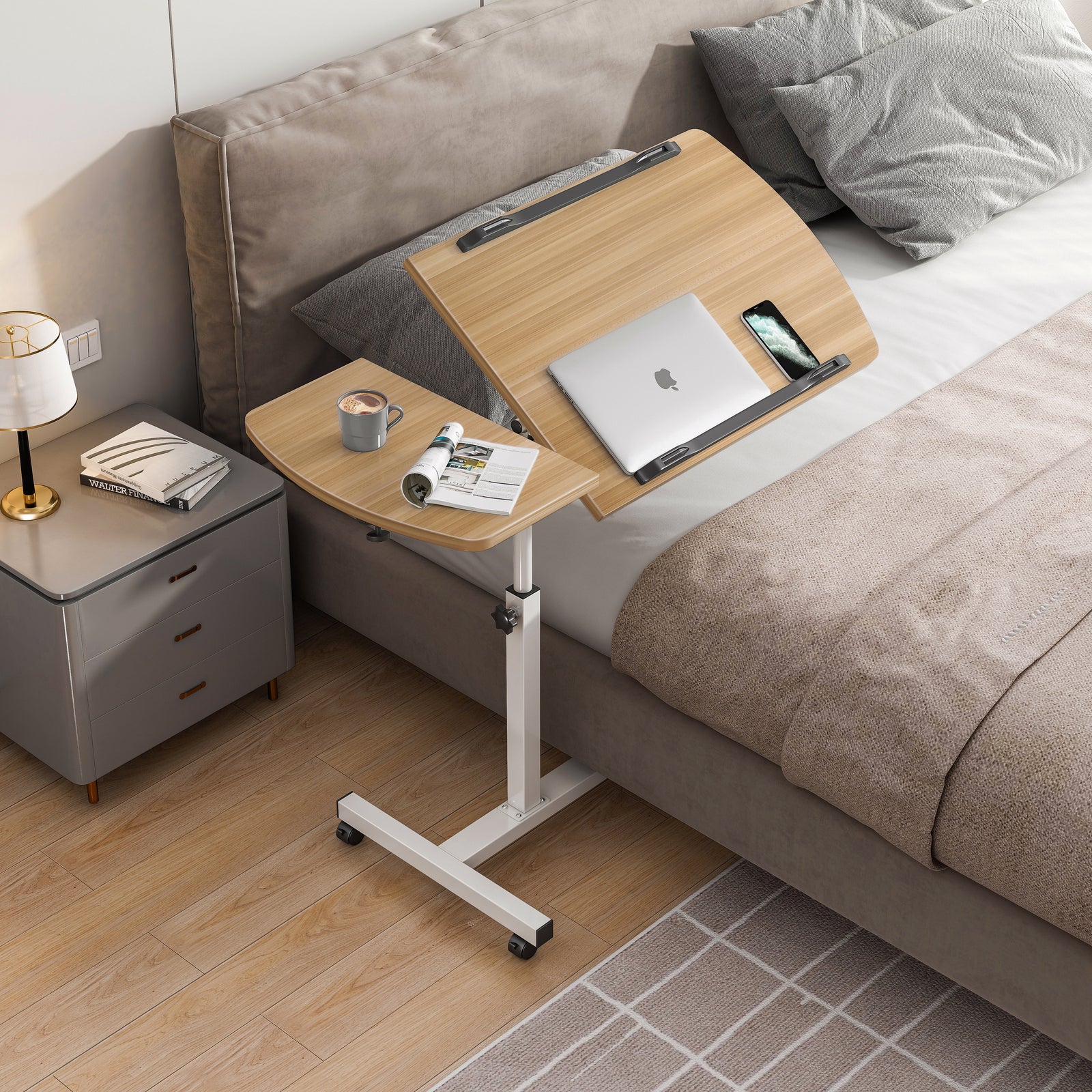 Motif 2-in-1 Adjustable Portable Sofa Bed Side Table Laptop Desk with Wheels (Oak) - Image 2