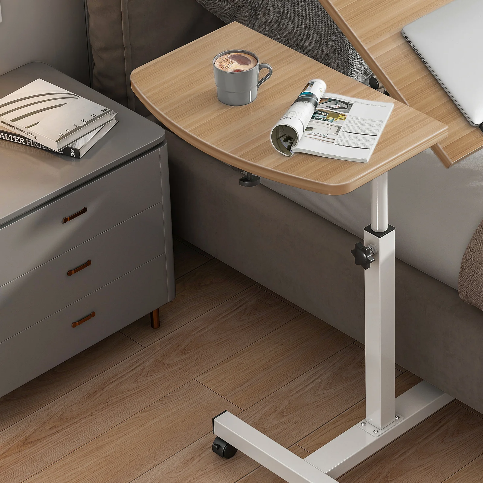 Motif 2-in-1 Adjustable Portable Sofa Bed Side Table Laptop Desk with Wheels (Oak) - Image 5