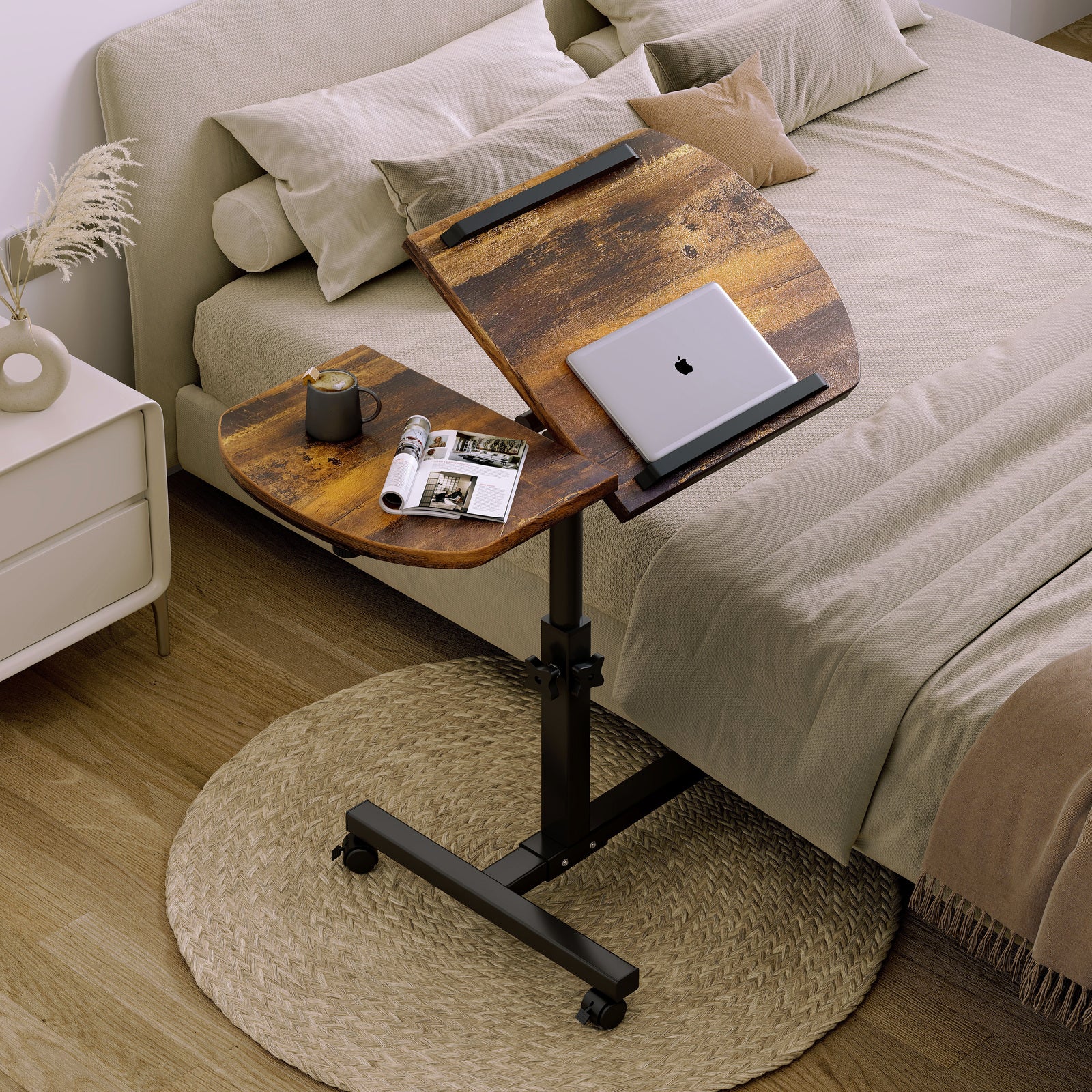 Motif 2-in-1 Adjustable Portable Sofa Bed Side Table Laptop Desk with Wheels (Rustic Wood) - Image 3