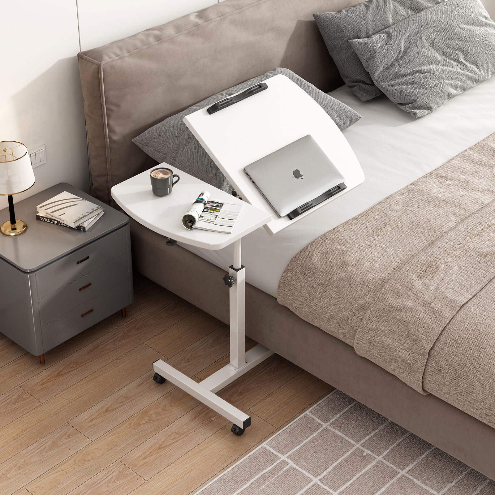 Motif 2-in-1 Adjustable Portable Sofa Bed Side Table Laptop Desk with Wheels (White) - Image 8