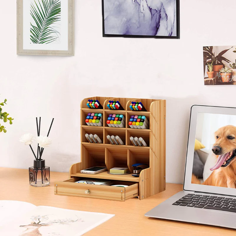 Multi-function Wooden Pen Holder Desktop Organizer Storage Box with Drawer (Oak) - Image 10