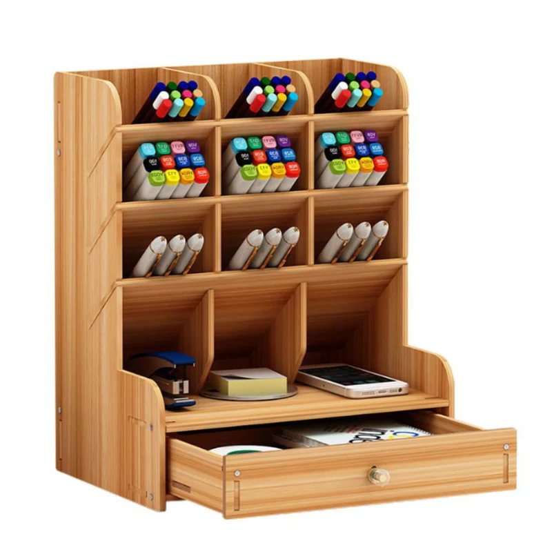 Multi-function Wooden Pen Holder Desktop Organizer Storage Box with Drawer (Oak) - Image 12