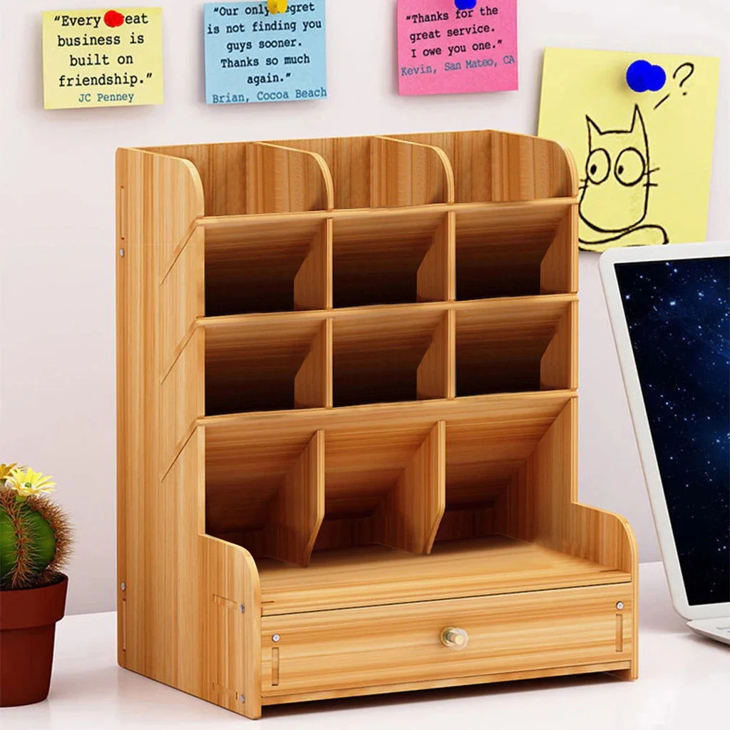 Multi-function Wooden Pen Holder Desktop Organizer Storage Box with Drawer (Oak) - Image 6