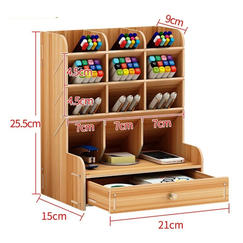 Multi-function Wooden Pen Holder Desktop Organizer Storage Box with Drawer (Oak) - Image 7