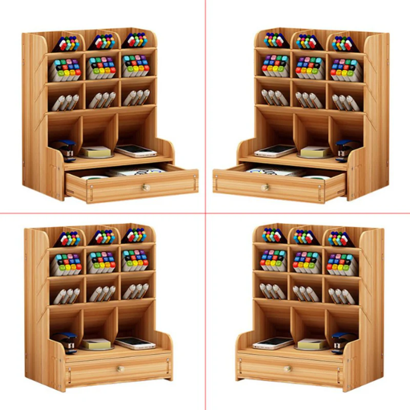 Multi-function Wooden Pen Holder Desktop Organizer Storage Box with Drawer (Oak) - Image 8