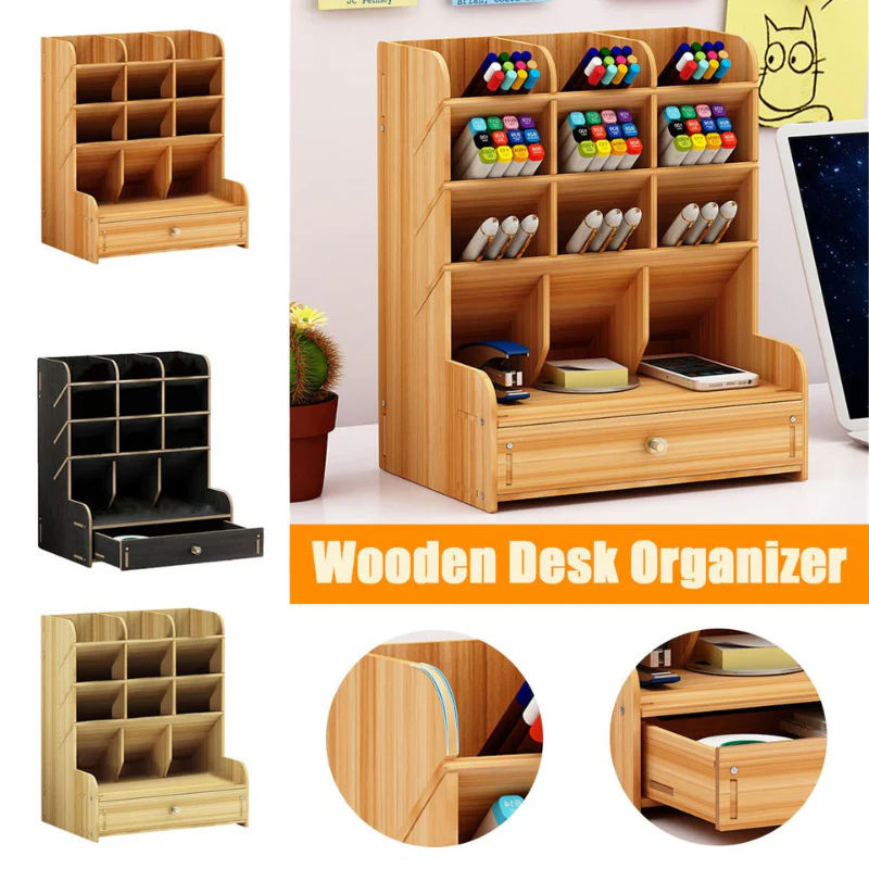 Multi-function Wooden Pen Holder Desktop Organizer Storage Box with Drawer (Oak) - Image 9