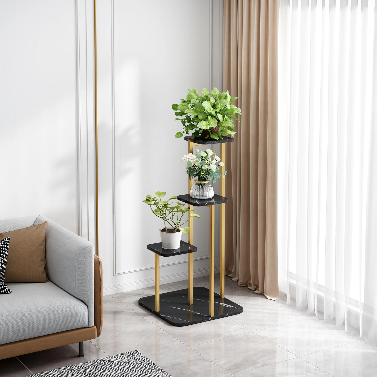 Multi-Tiered Synergy Marble Look Garden Plants Stand Planter Shelf (Black) - Image 4