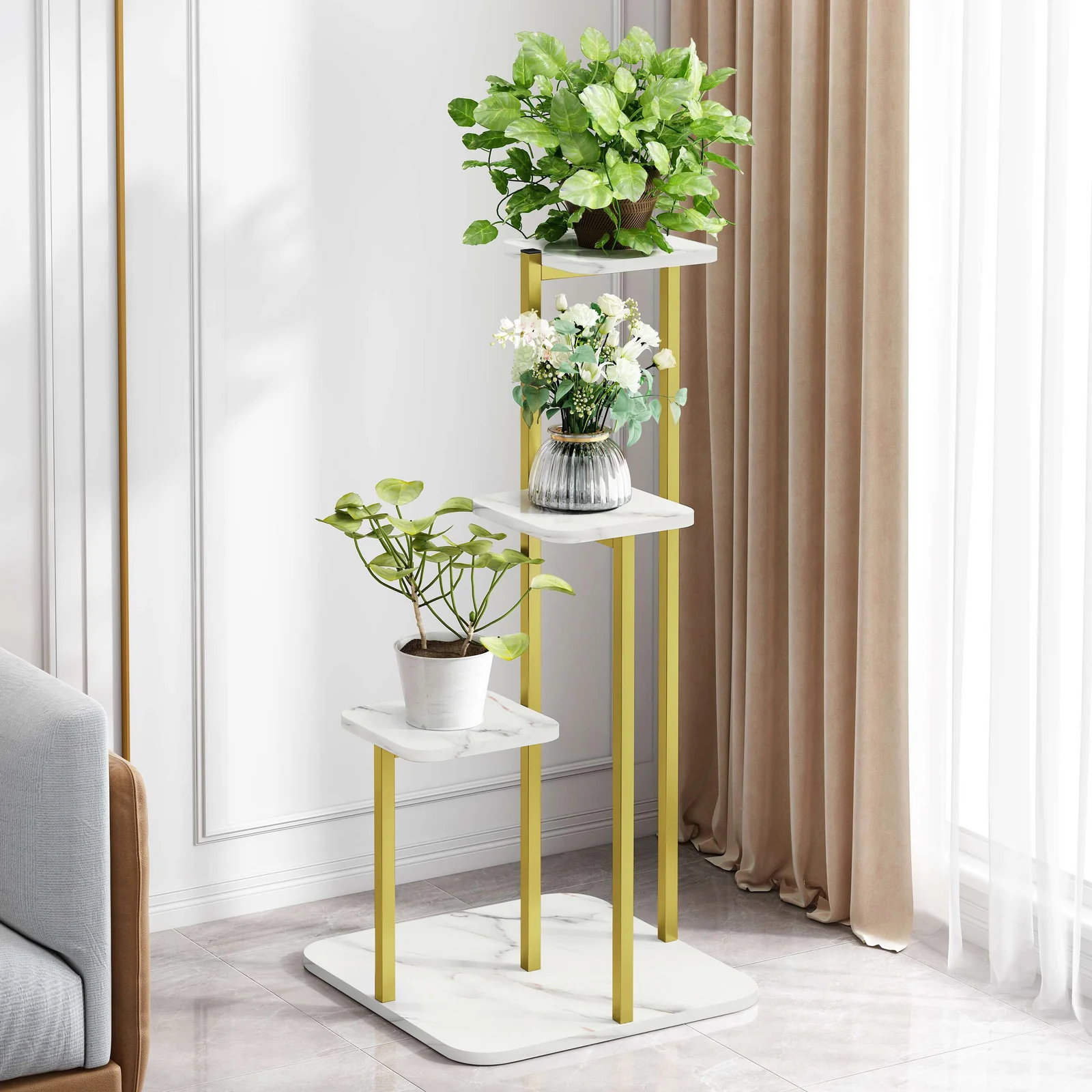 Multi-Tiered Synergy Marble Look Garden Plants Stand Planter Shelf (White) - Image 7
