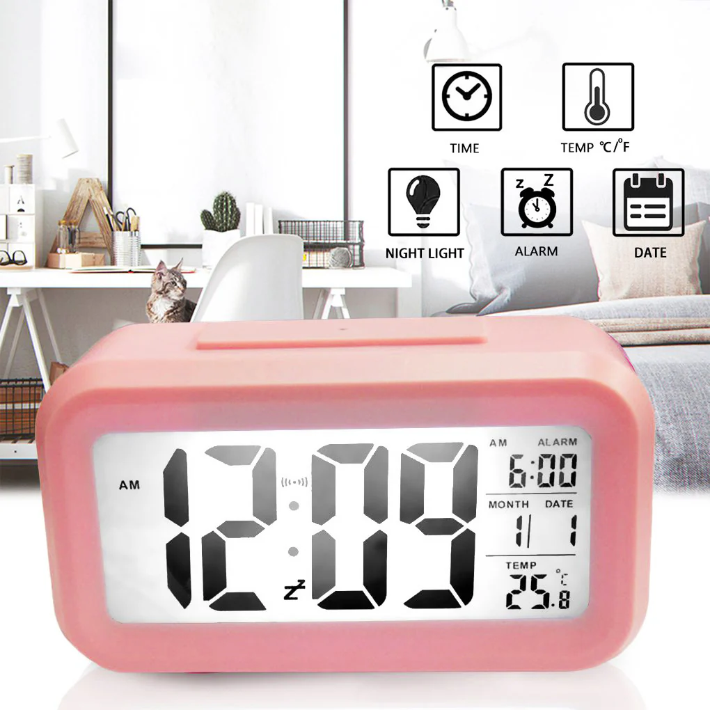 Multifunction Digital Sensor Automatic Light Snooze Desk Alarm Clock (Pink) - Image 6