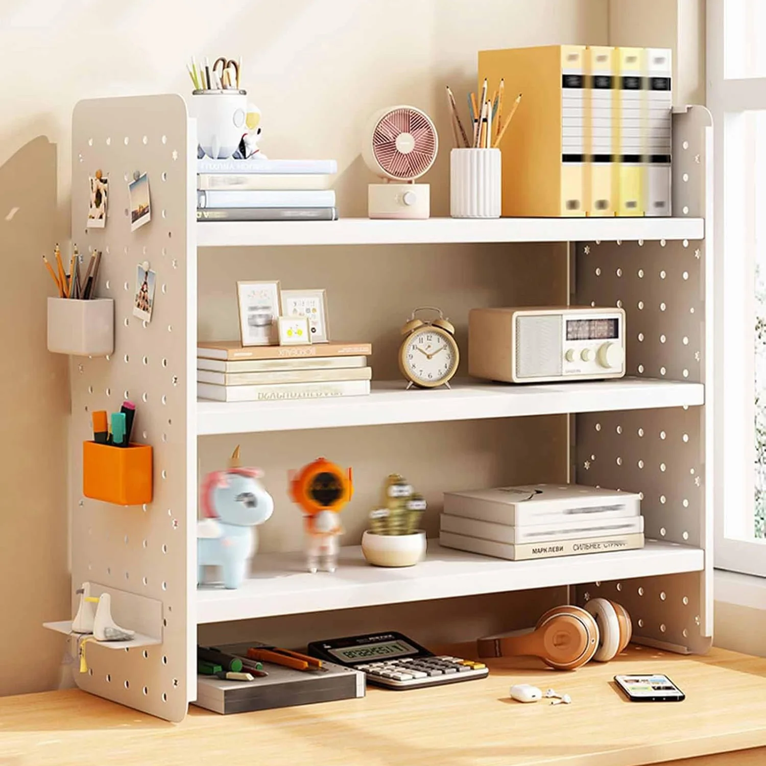 Multifunction Wooden Metal Desktop Bookshelf Pegboard Organizer Rack (White) - Image 11