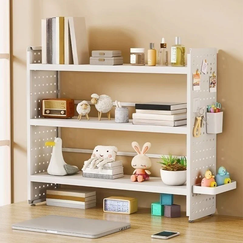 Multifunction Wooden Metal Desktop Bookshelf Pegboard Organizer Rack (White) - Image 12