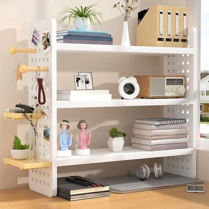 Multifunction Wooden Metal Desktop Bookshelf Pegboard Organizer Rack (White) - Image 5