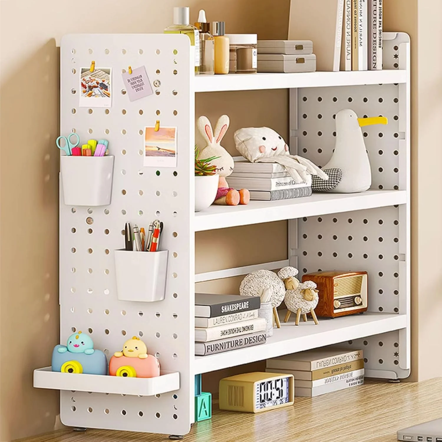Multifunction Wooden Metal Desktop Bookshelf Pegboard Organizer Rack (White) - Image 6
