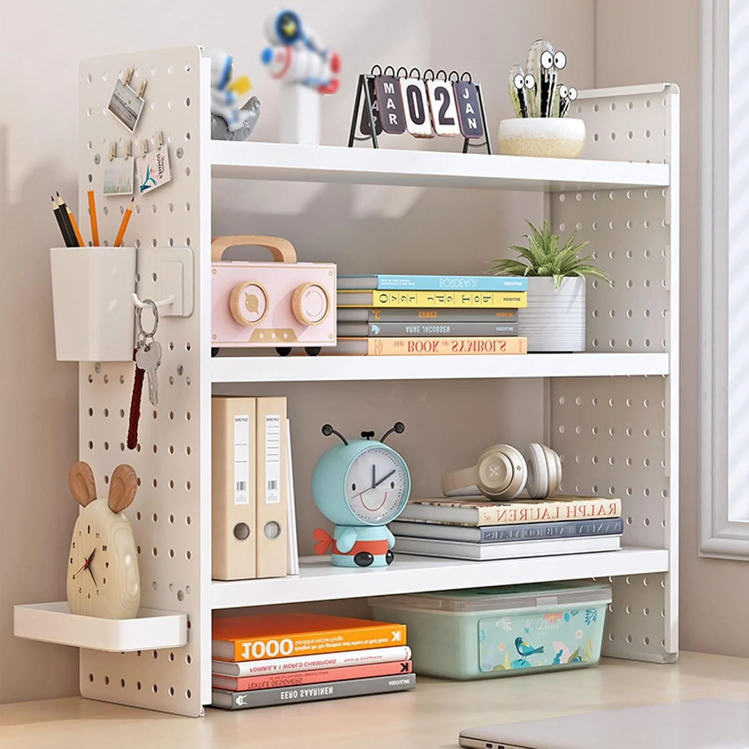 Multifunction Wooden Metal Desktop Bookshelf Pegboard Organizer Rack (White) - Image 7