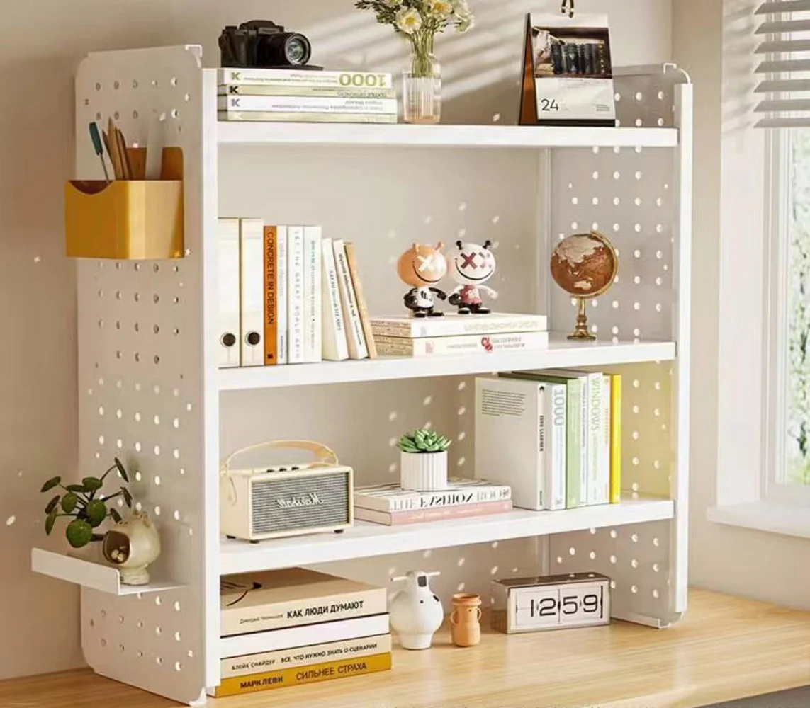 Multifunction Wooden Metal Desktop Bookshelf Pegboard Organizer Rack (White) - Image 8