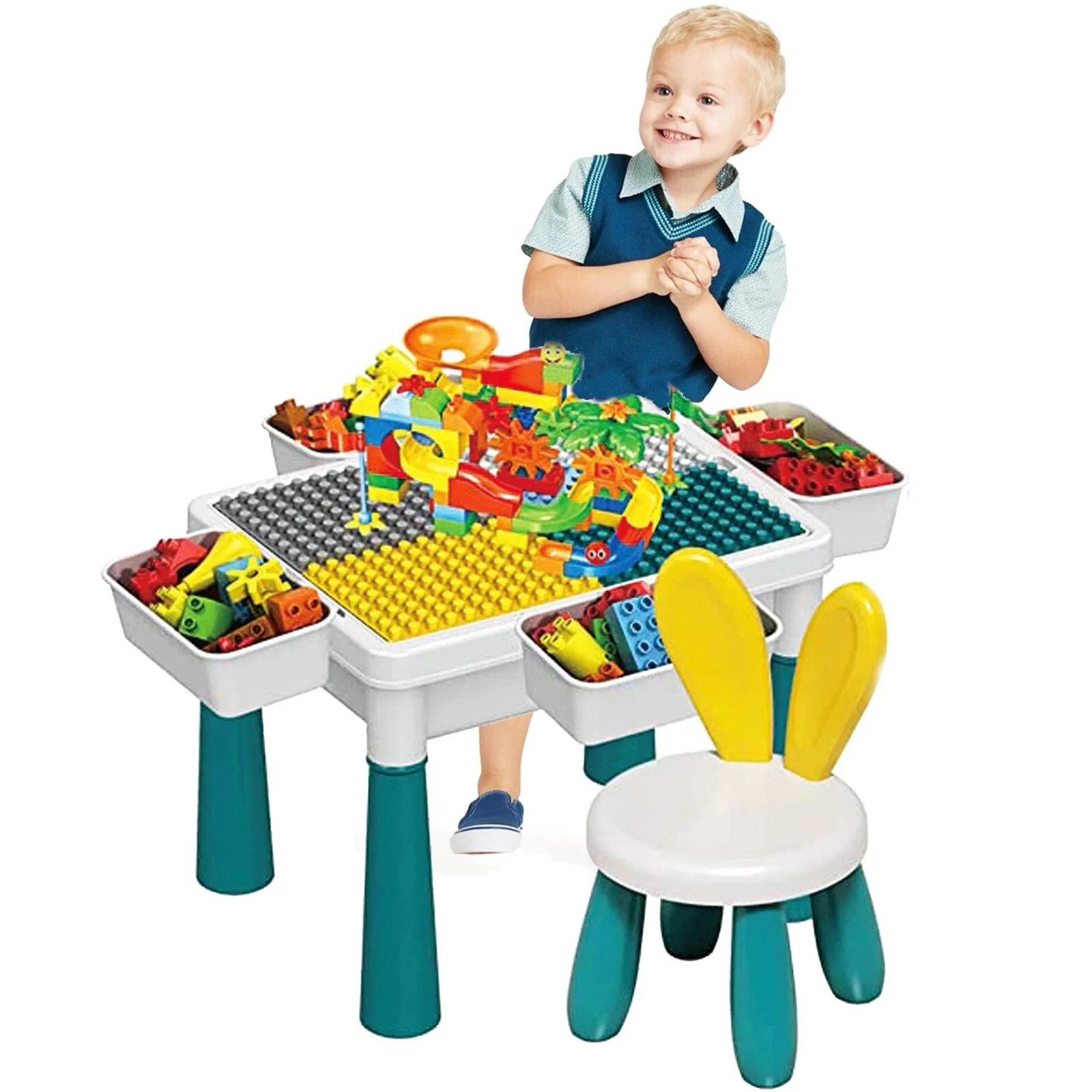 Multifunctional Activity Table, Chair & 186 Building Blocks Educational Toy Set - Image 4