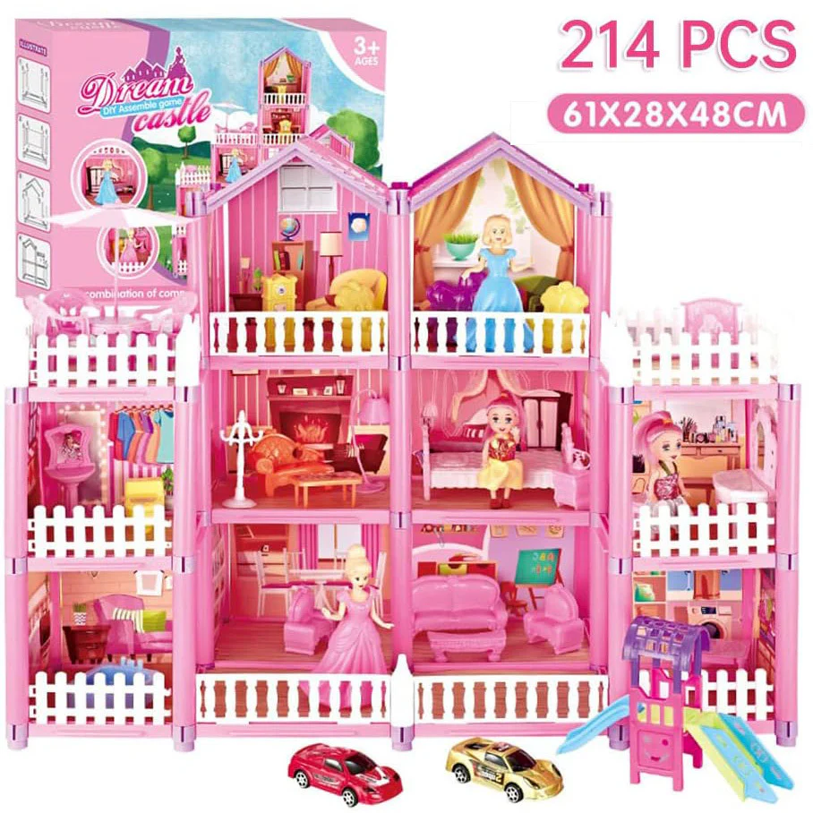 Multilevel Large Princess Dream Castle Dreamhouse Mansion Doll House Toy Set with Dolls & Furniture - Image 2