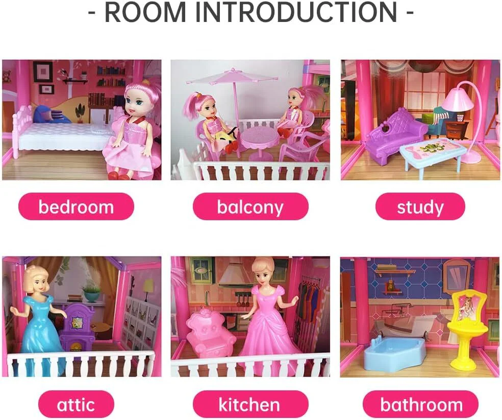 Multilevel Large Princess Dream Castle Dreamhouse Mansion Doll House Toy Set with Dolls & Furniture - Image 3