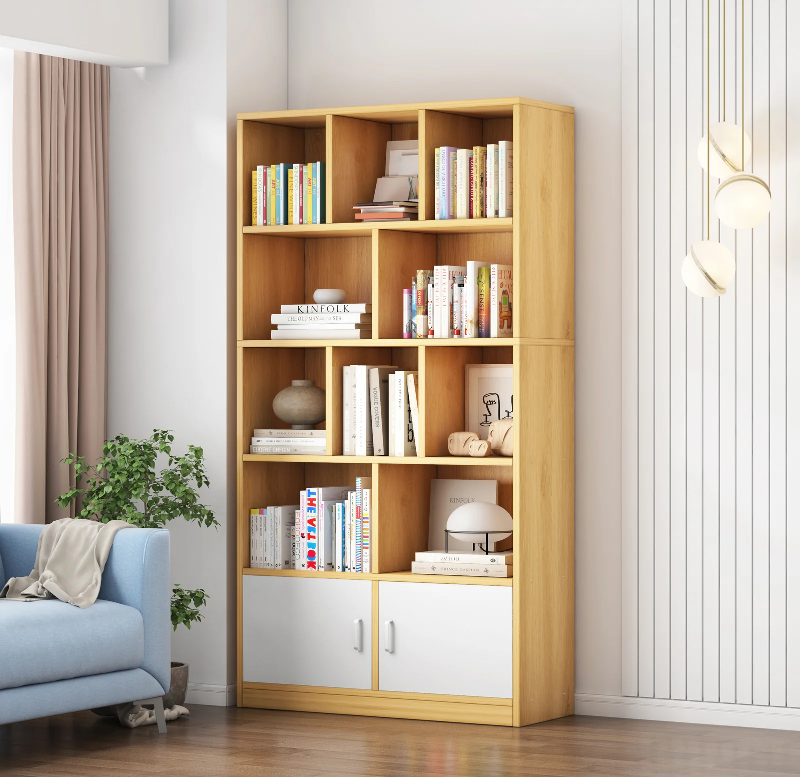Omega 10-Shelf 2-Door Wardrobe Cupboard Bookshelf Cabinet (Oak) - Image 4