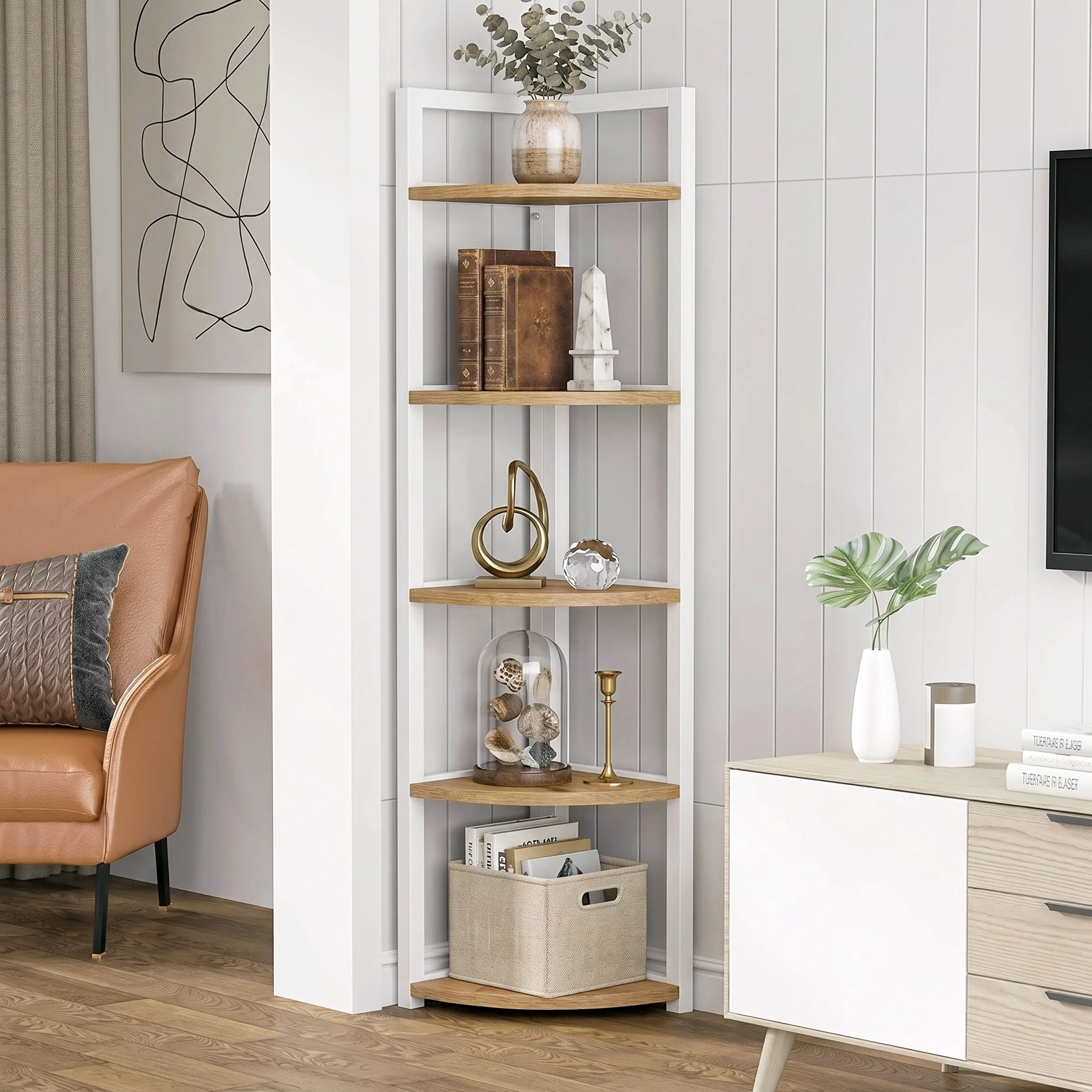 Optima 5 Tier Wood & Steel Corner Shelf Organizer Unit (Rustic Oak & White)