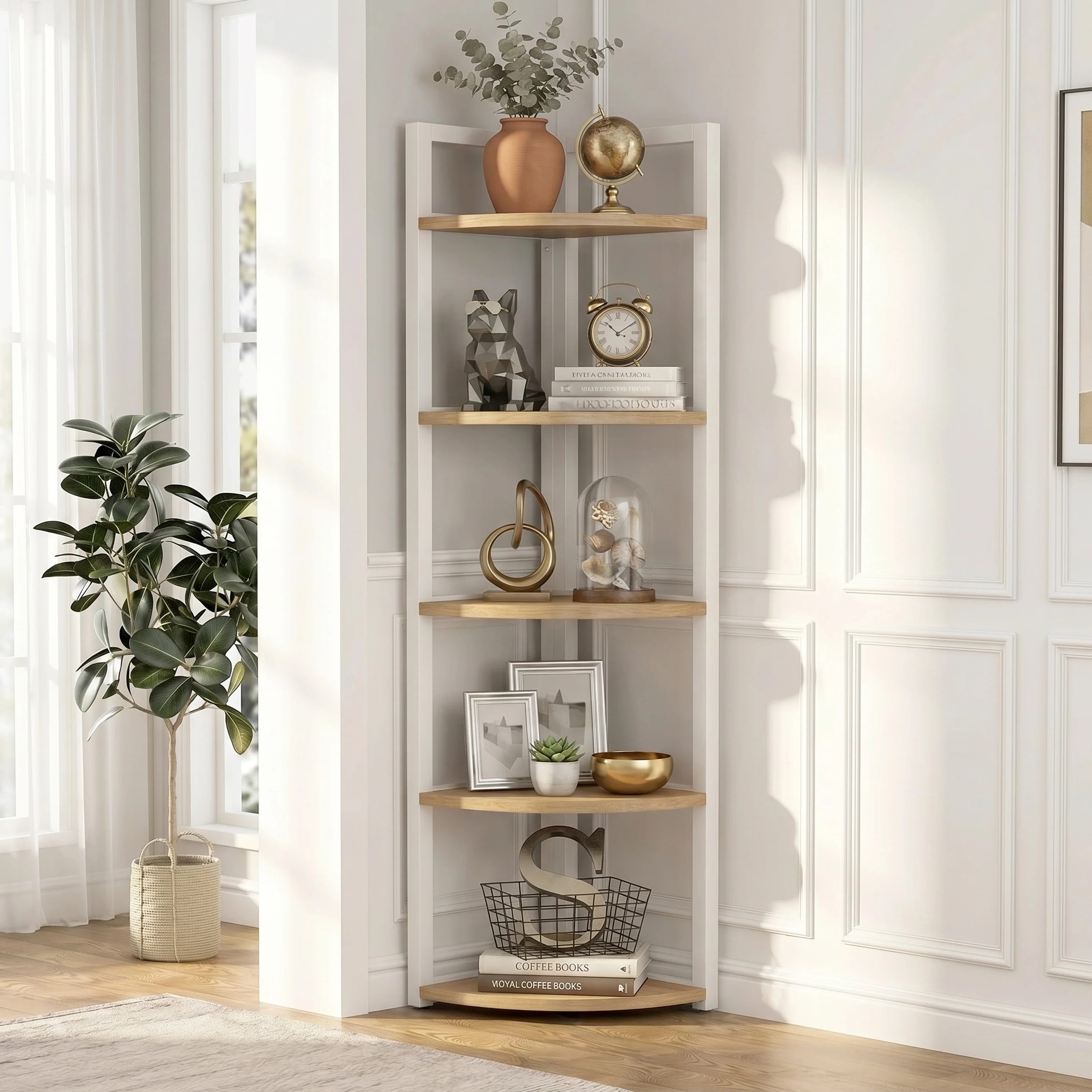 Optima 5 Tier Wood & Steel Corner Shelf Organizer Unit (Rustic Oak & White) - Image 11