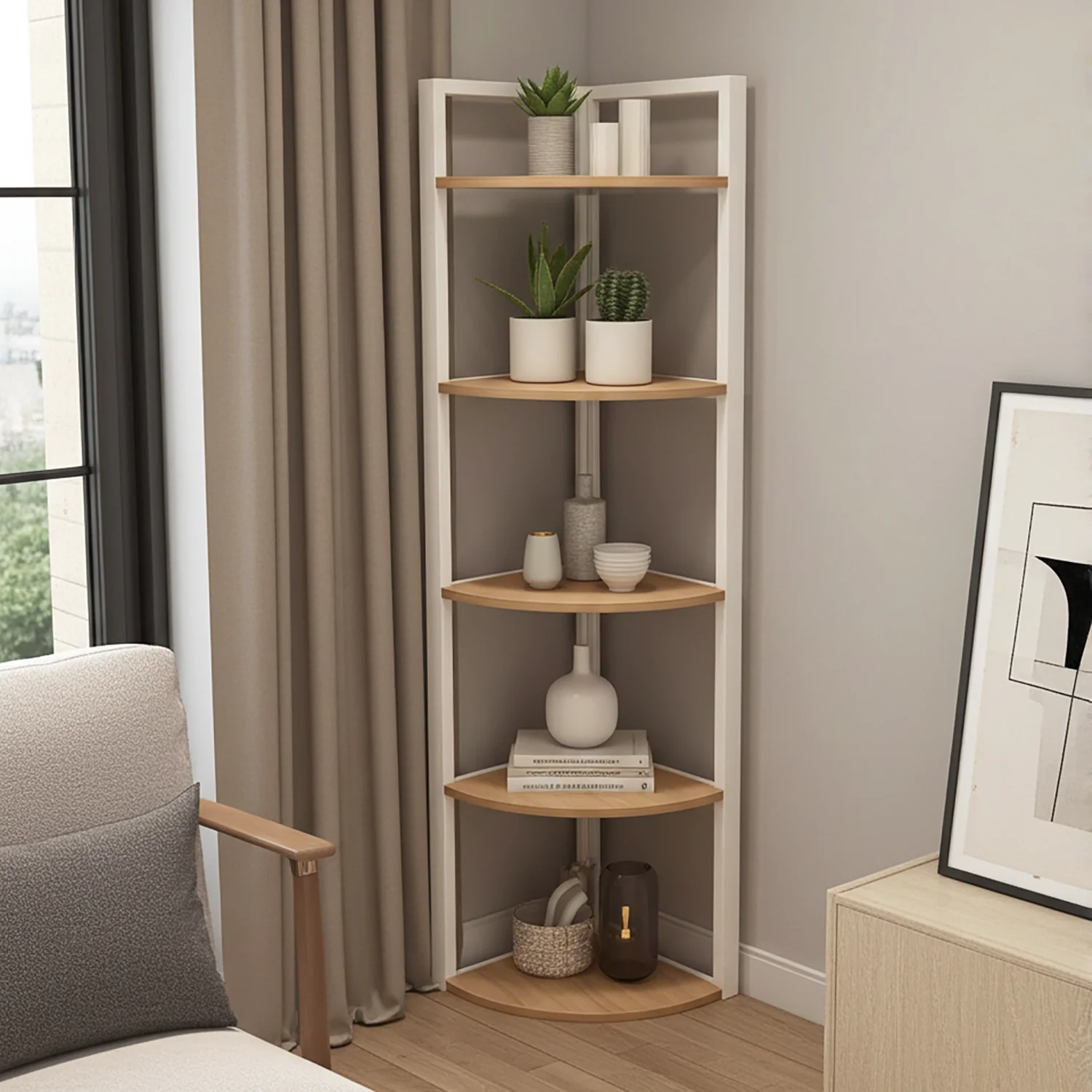 Optima 5 Tier Wood & Steel Corner Shelf Organizer Unit (Rustic Oak & White) - Image 13