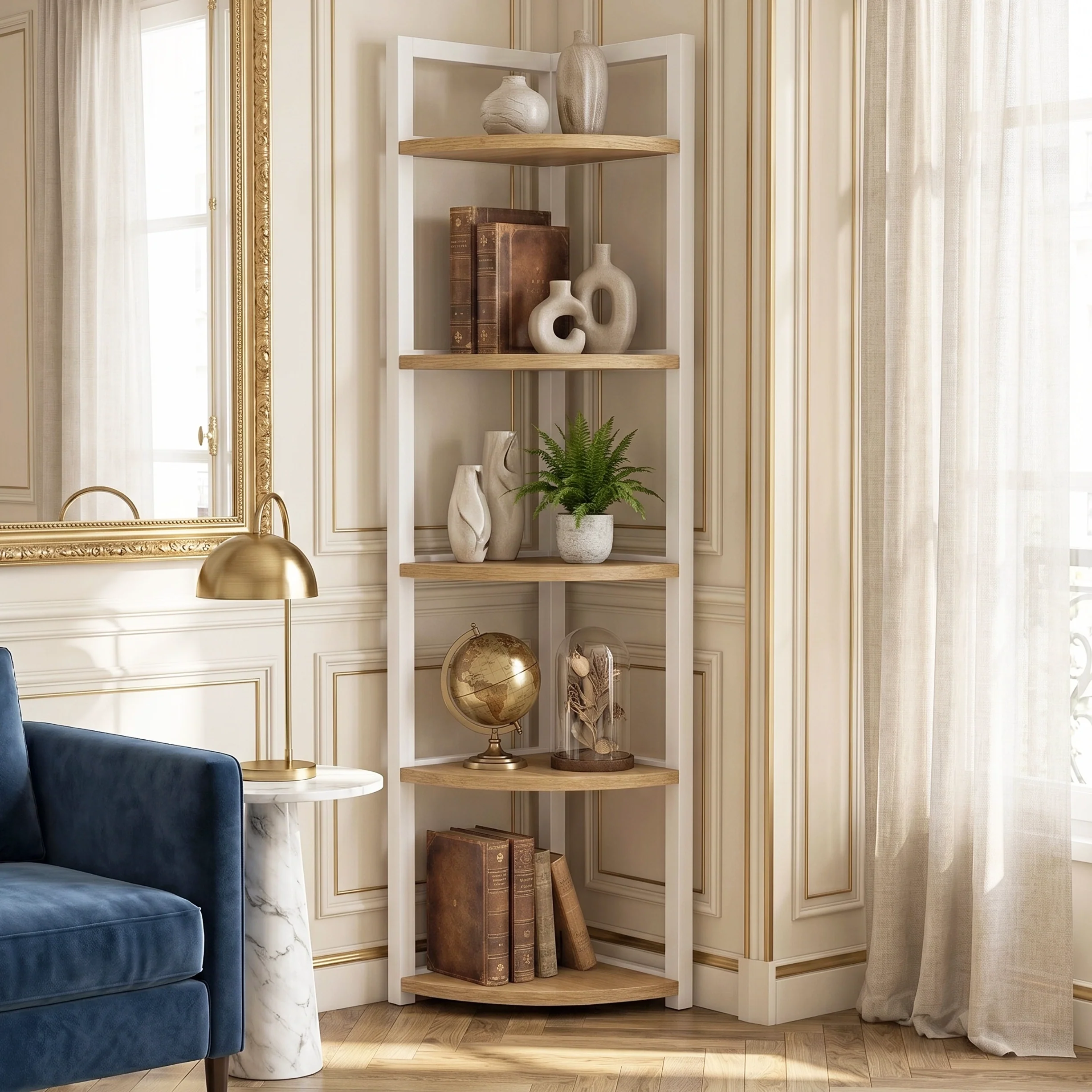 Optima 5 Tier Wood & Steel Corner Shelf Organizer Unit (Rustic Oak & White) - Image 15