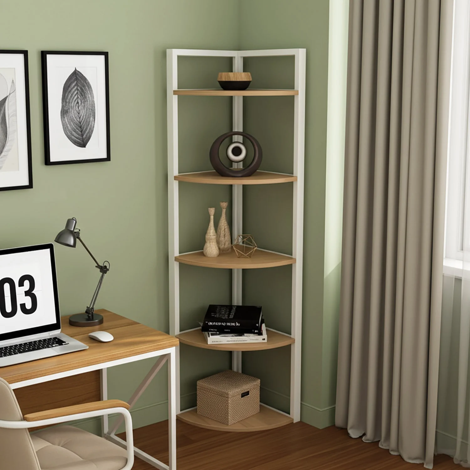 Optima 5 Tier Wood & Steel Corner Shelf Organizer Unit (Rustic Oak & White) - Image 18